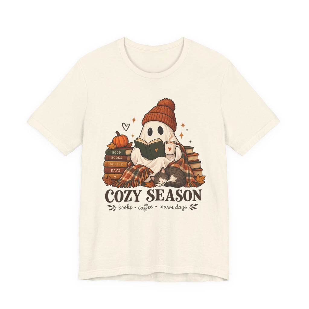 Cute Ghost with Books, Pumpkin & 'Cozy Season' Fall Shirt