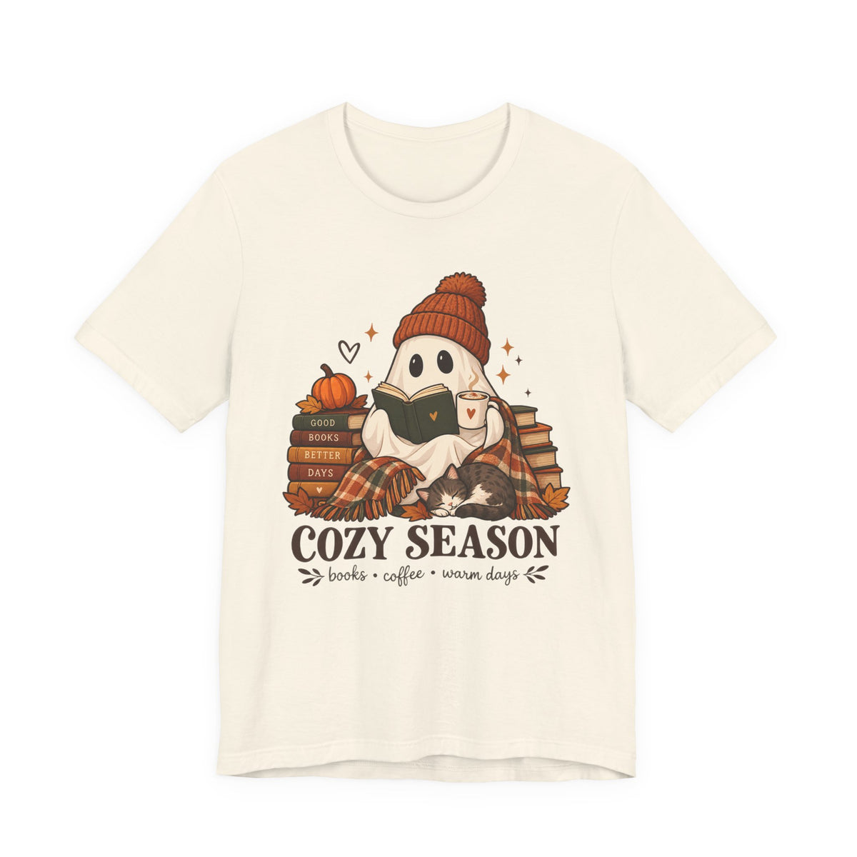 Cute Ghost with Books, Pumpkin & 'Cozy Season' Fall Shirt