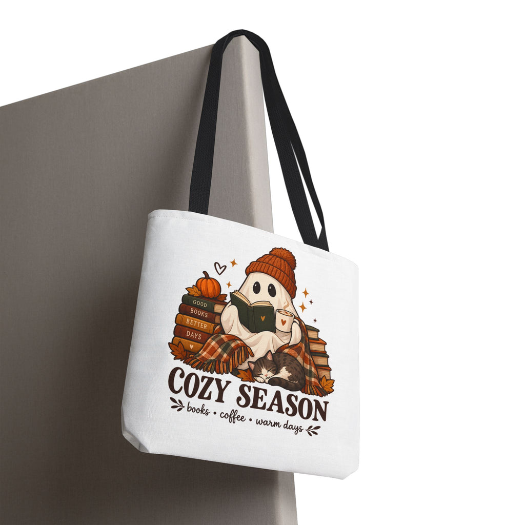 Cozy Season Tote Bag – Autumn Ghost Reading with Books, Coffee & Warm Days
