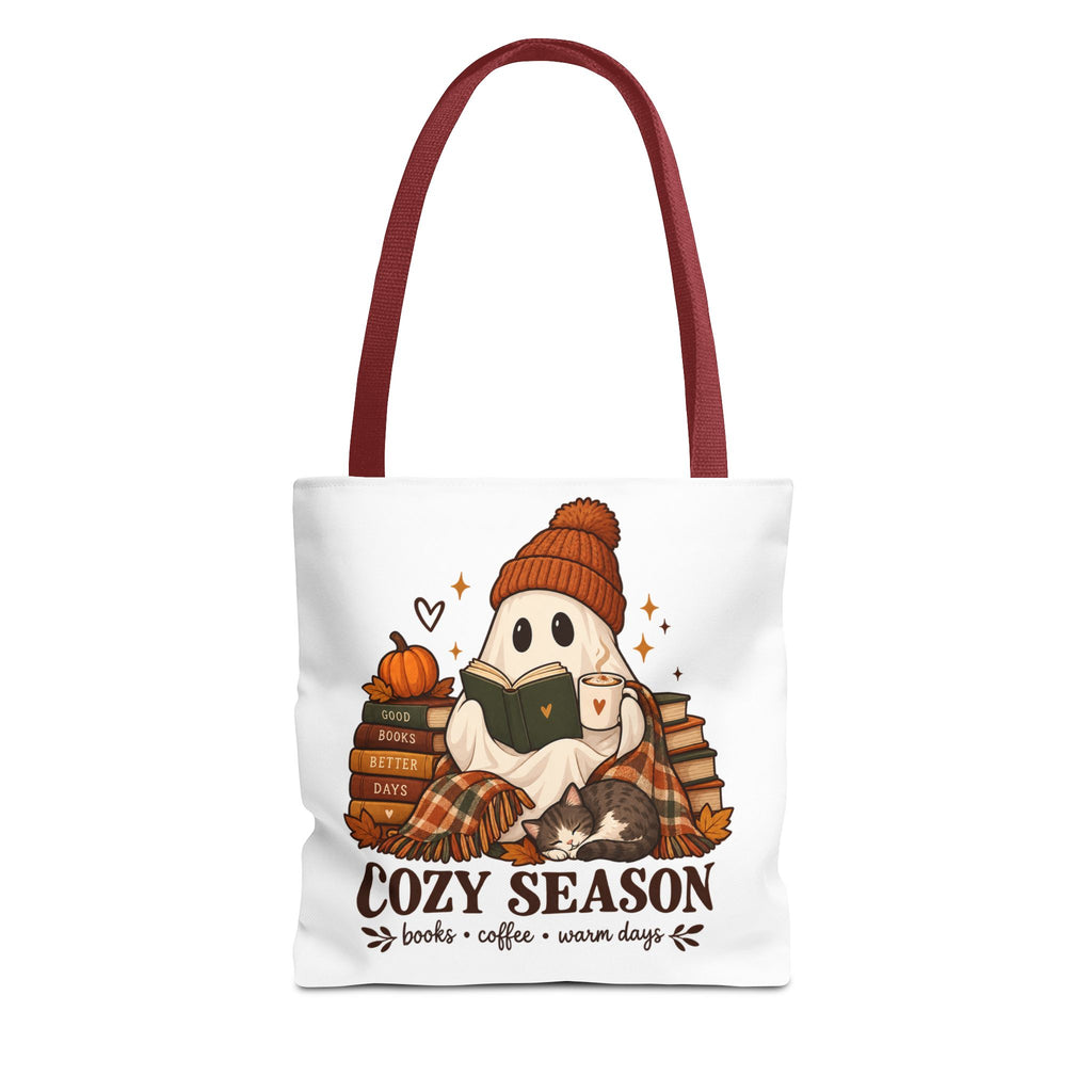 Cozy Season Tote Bag – Autumn Ghost Reading with Books, Coffee & Warm Days