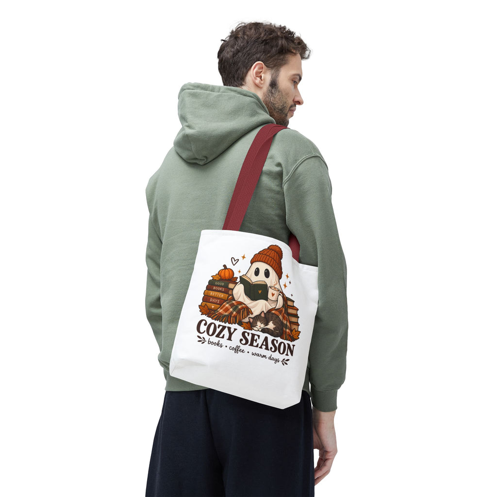Cozy Season Tote Bag – Autumn Ghost Reading with Books, Coffee & Warm Days