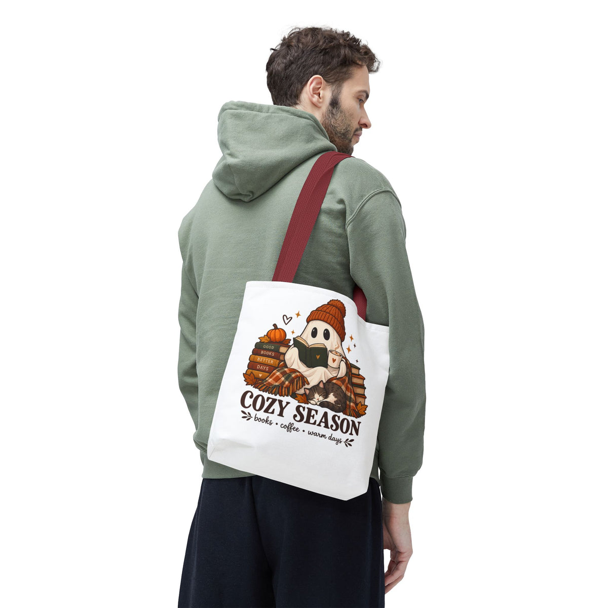 Cozy Season Tote Bag – Autumn Ghost Reading with Books, Coffee & Warm Days