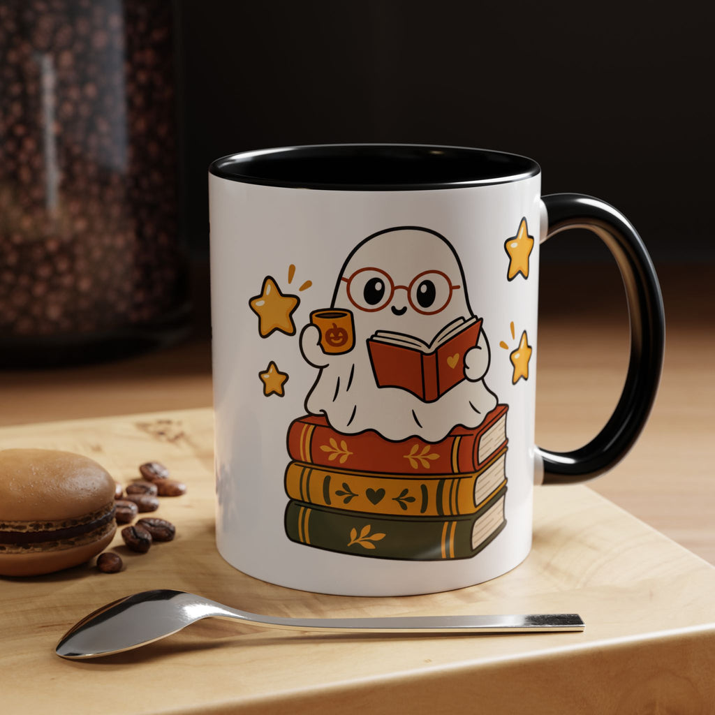 Reading Ghost Coffee Mug — Cute Halloween Book Lover Accent Mug 11oz / 15oz