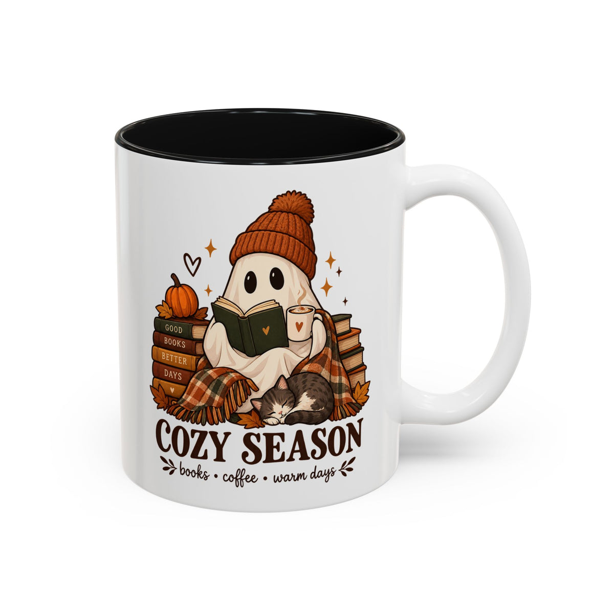 Cozy Season Ghost Accent Mug — Reading Ghost with Cat 11oz/15oz