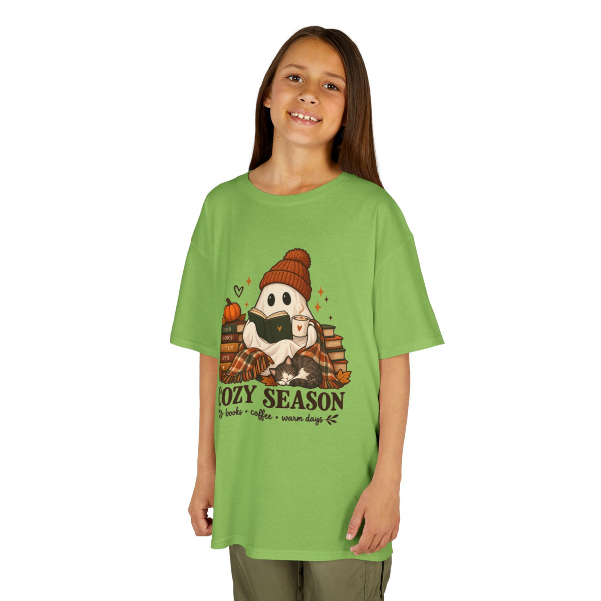 Kids Tee — "Cozy Season" Cute Ghost with Books & Pumpkin Fall Shirt