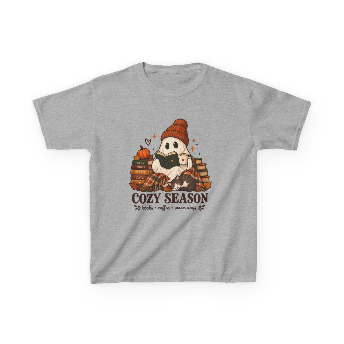 Kids Tee — "Cozy Season" Cute Ghost with Books & Pumpkin Fall Shirt