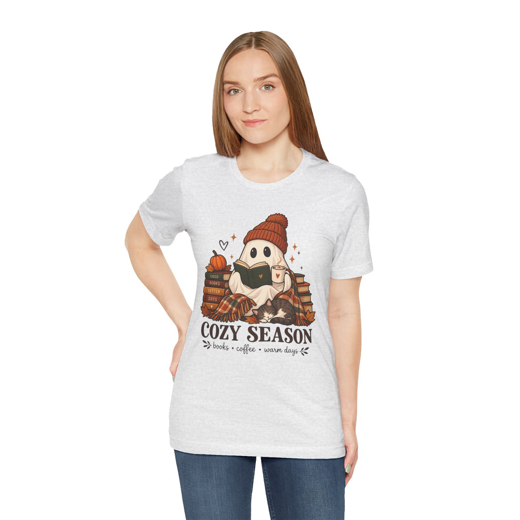 Cute Ghost with Books, Pumpkin & 'Cozy Season' Fall Shirt
