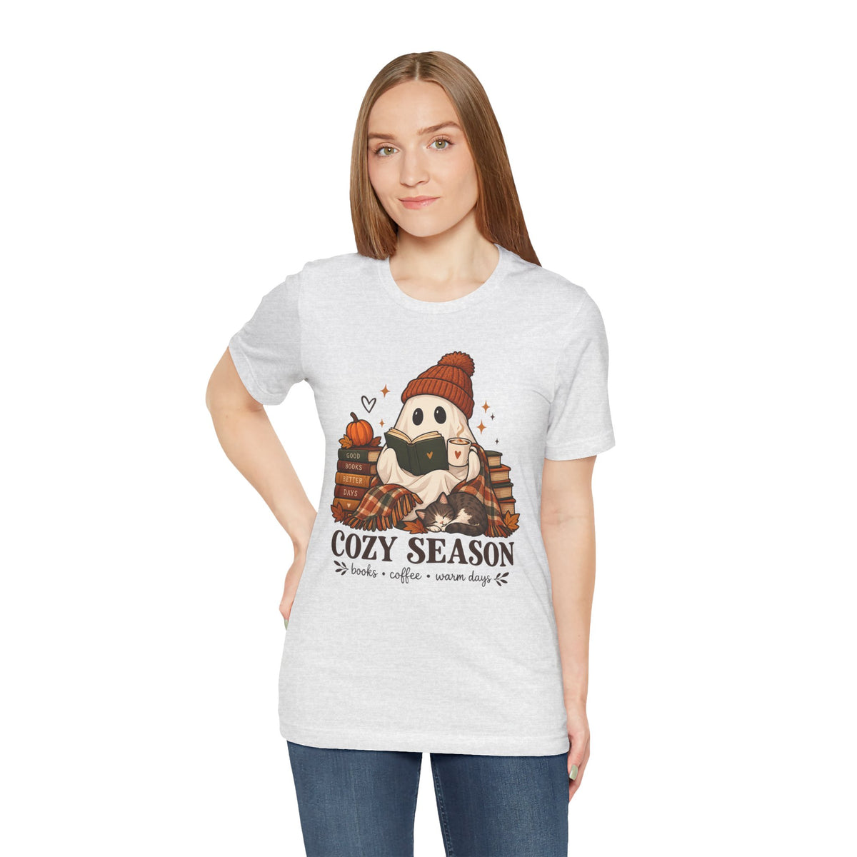 Cute Ghost with Books, Pumpkin & 'Cozy Season' Fall Shirt