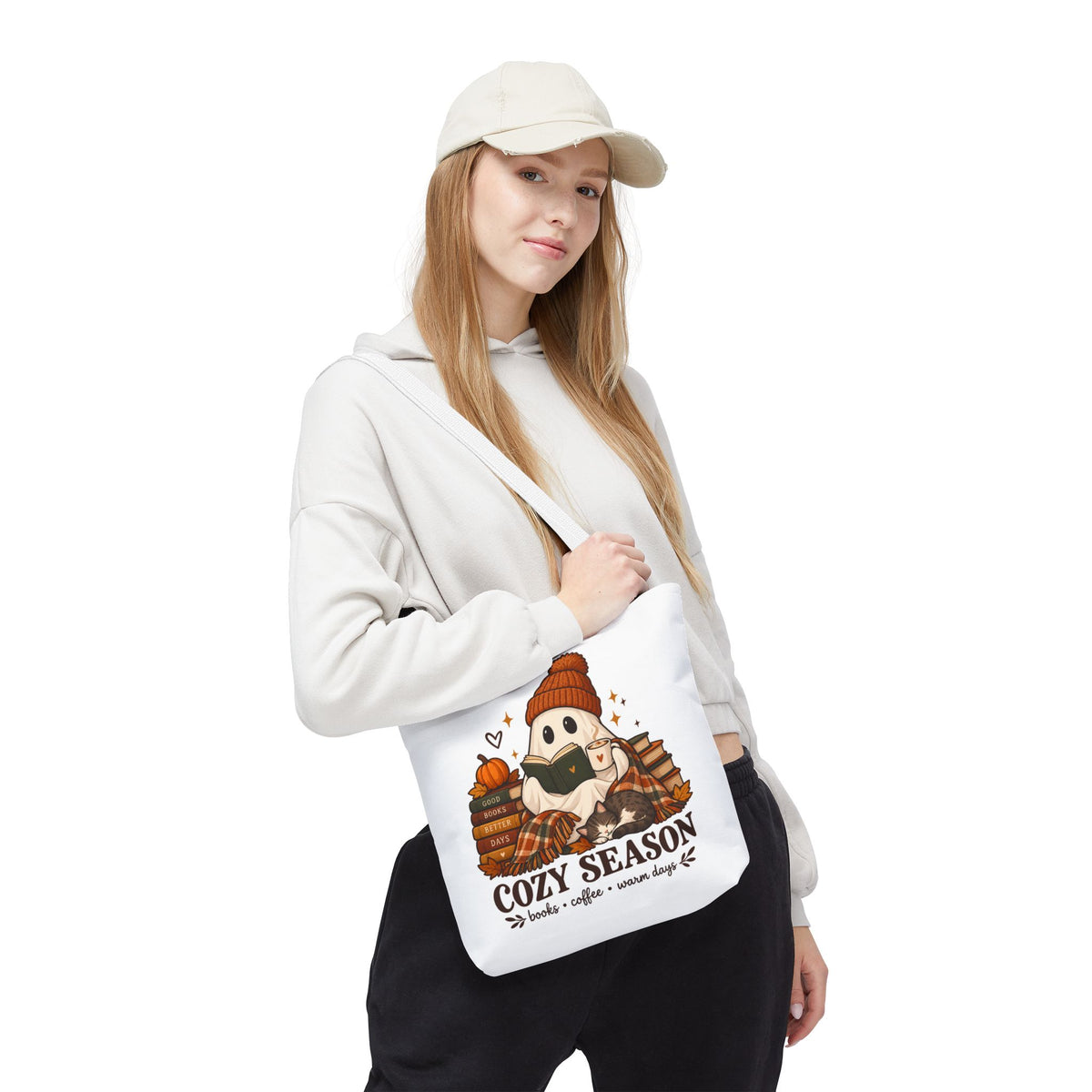Cozy Season Tote Bag – Autumn Ghost Reading with Books, Coffee & Warm Days