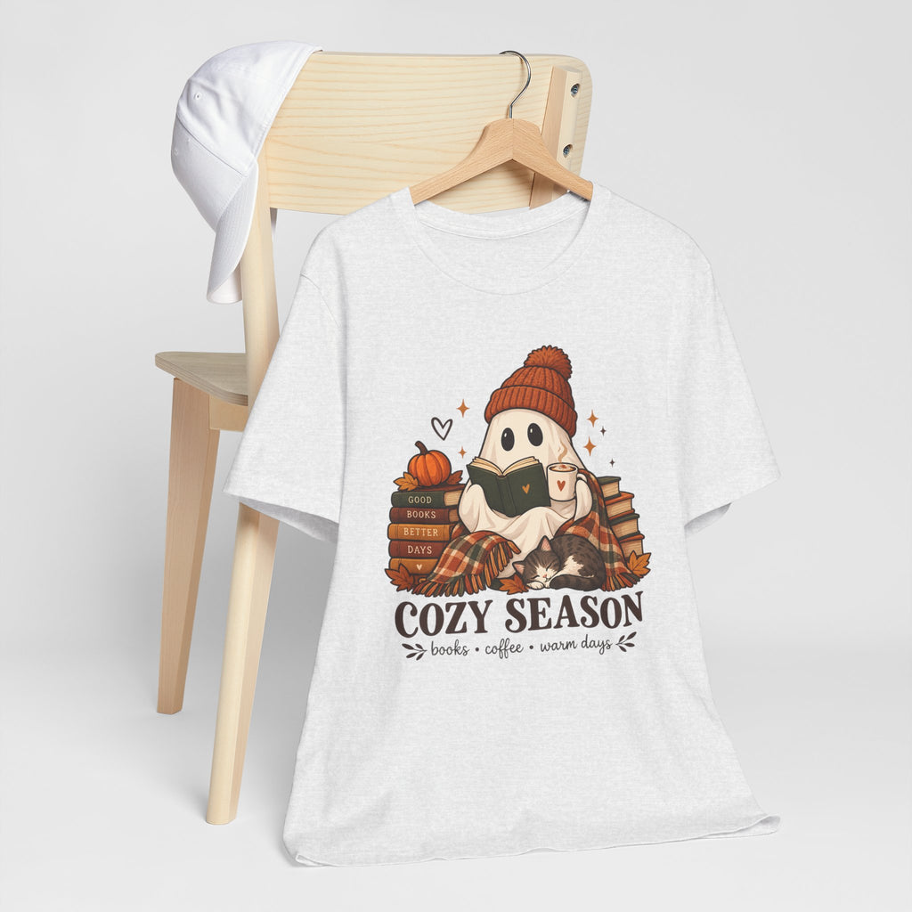 Cute Ghost with Books, Pumpkin & 'Cozy Season' Fall Shirt