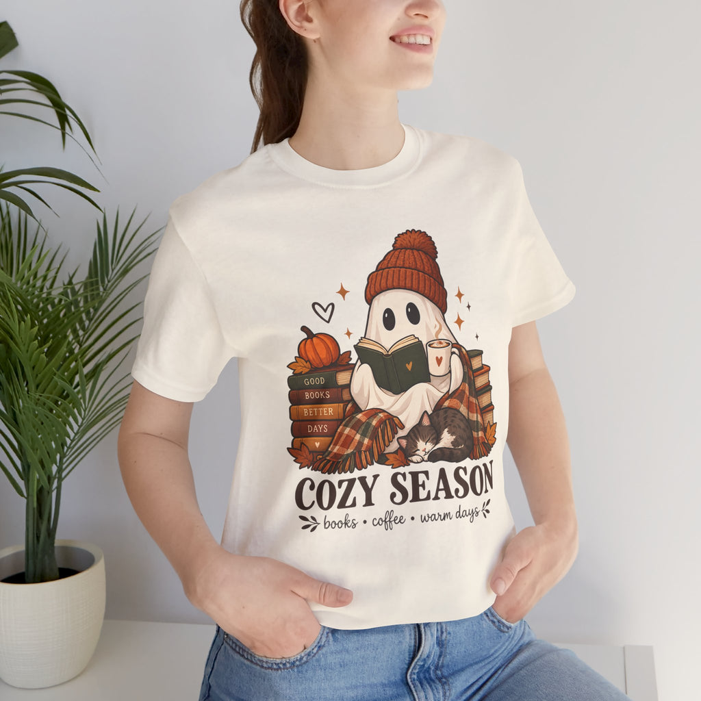Cute Ghost with Books, Pumpkin & 'Cozy Season' Fall Shirt