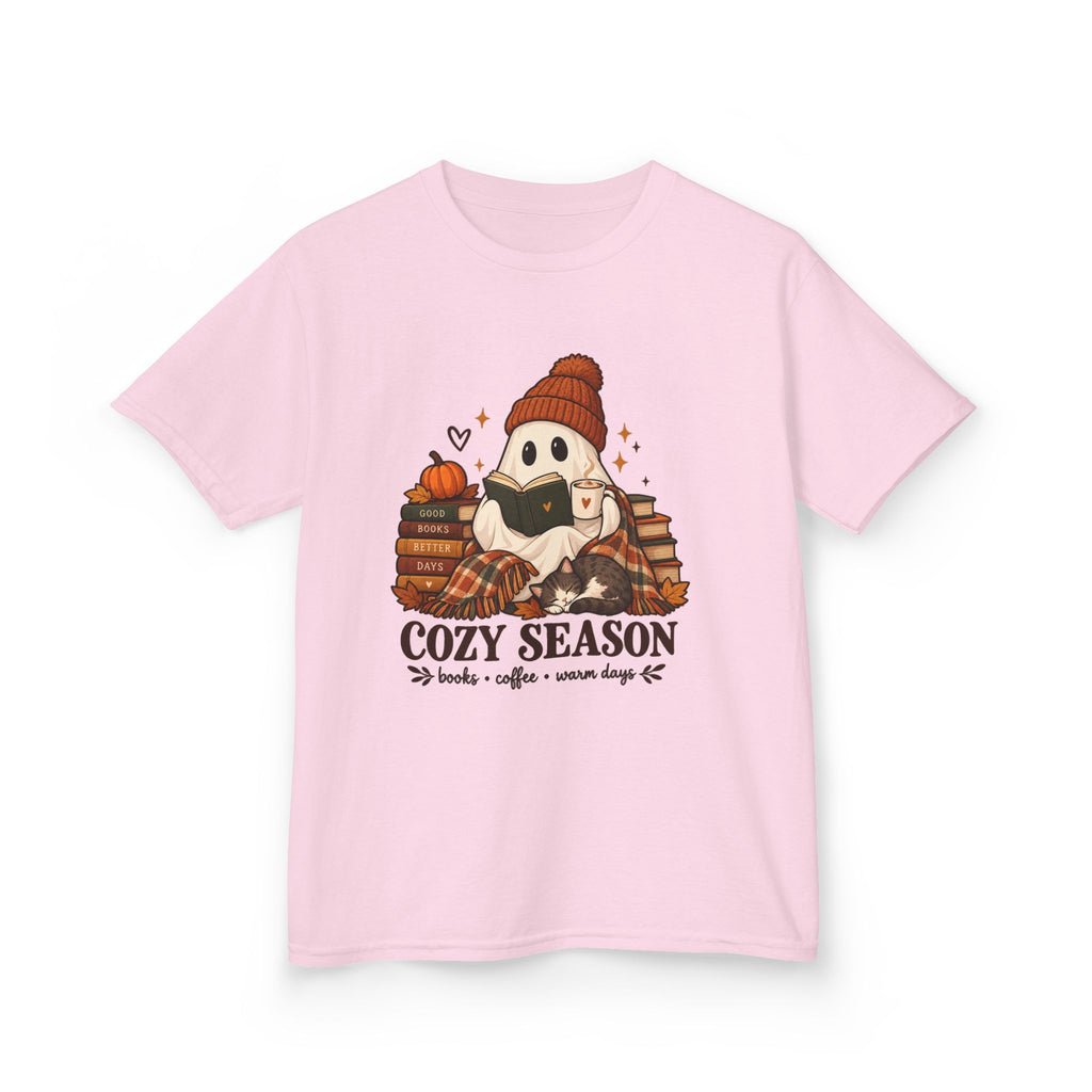 Kids Tee — "Cozy Season" Cute Ghost with Books & Pumpkin Fall Shirt