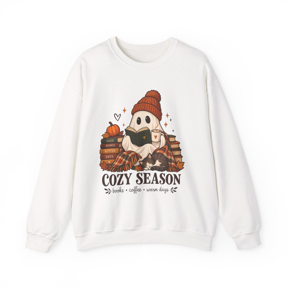 Cozy Season Sweatshirt — Cute Ghost with Books, Coffee & Warm Vibes