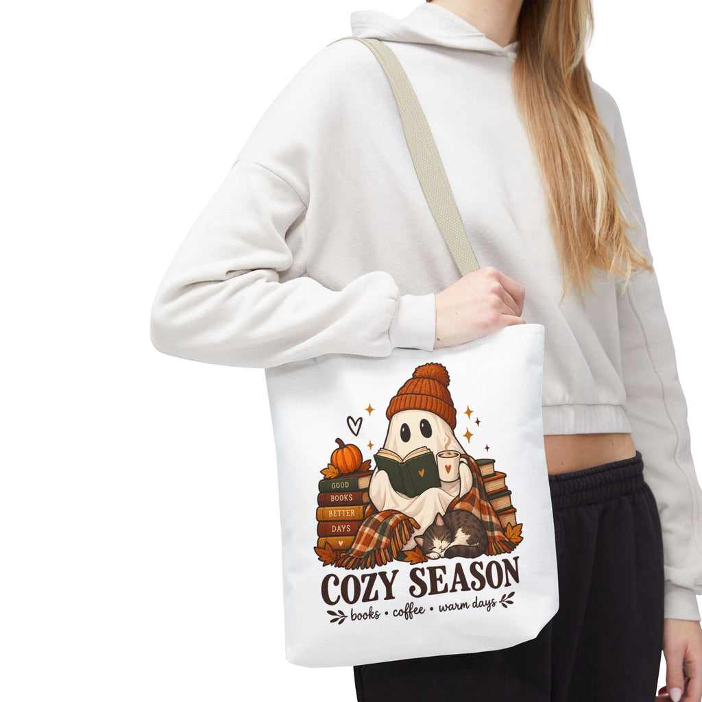 Cozy Season Tote Bag – Autumn Ghost Reading with Books, Coffee & Warm Days