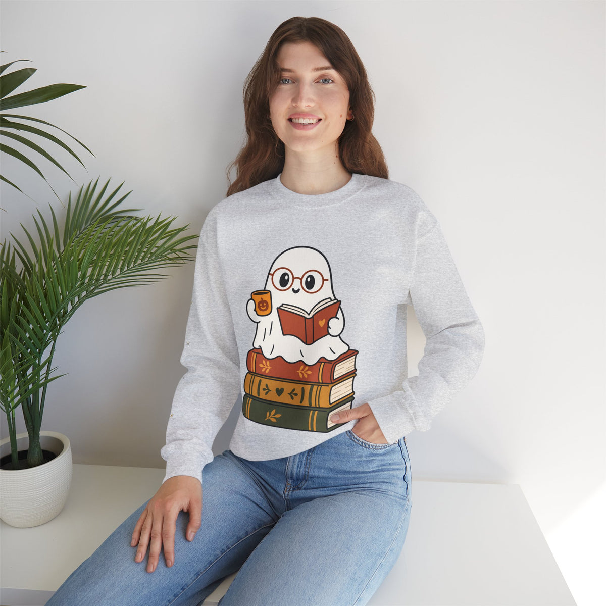 Ghost Reader Sweatshirt — Cute Bookworm Ghost on Stacked Books with Coffee