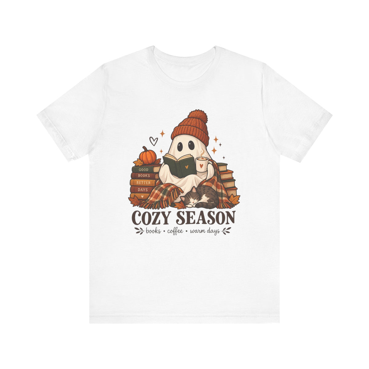 Cute Ghost with Books, Pumpkin & 'Cozy Season' Fall Shirt