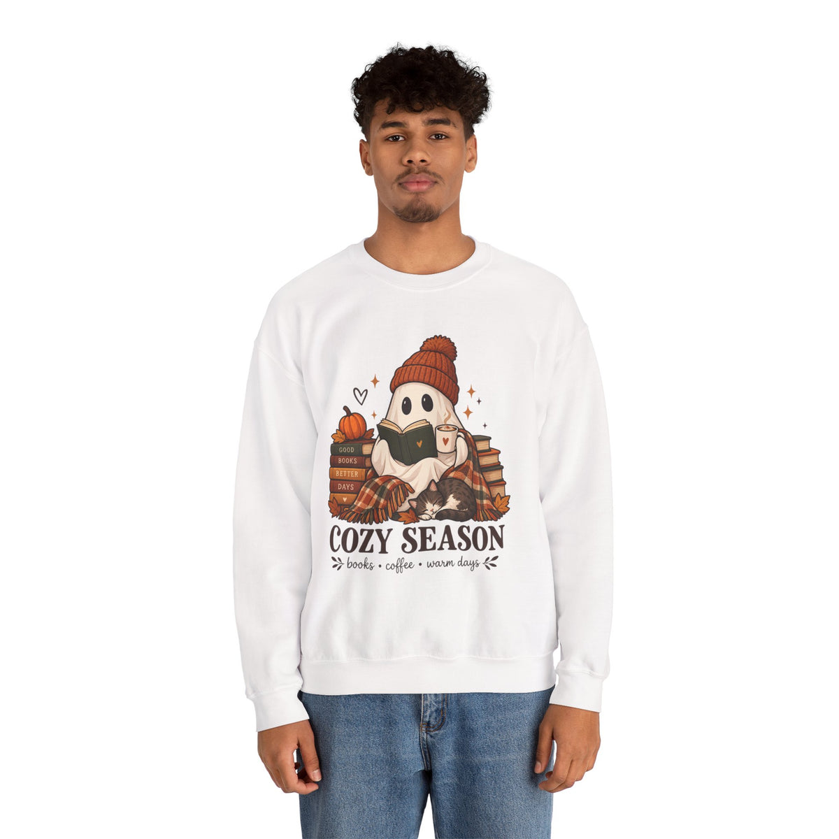 Cozy Season Sweatshirt — Cute Ghost with Books, Coffee & Warm Vibes