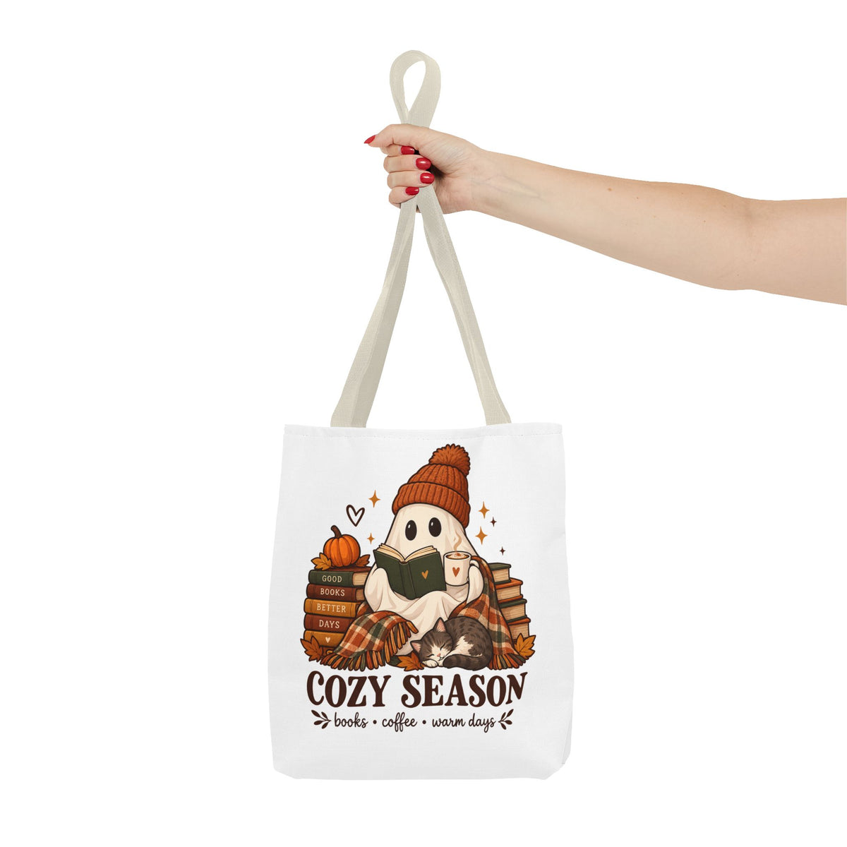 Cozy Season Tote Bag – Autumn Ghost Reading with Books, Coffee & Warm Days