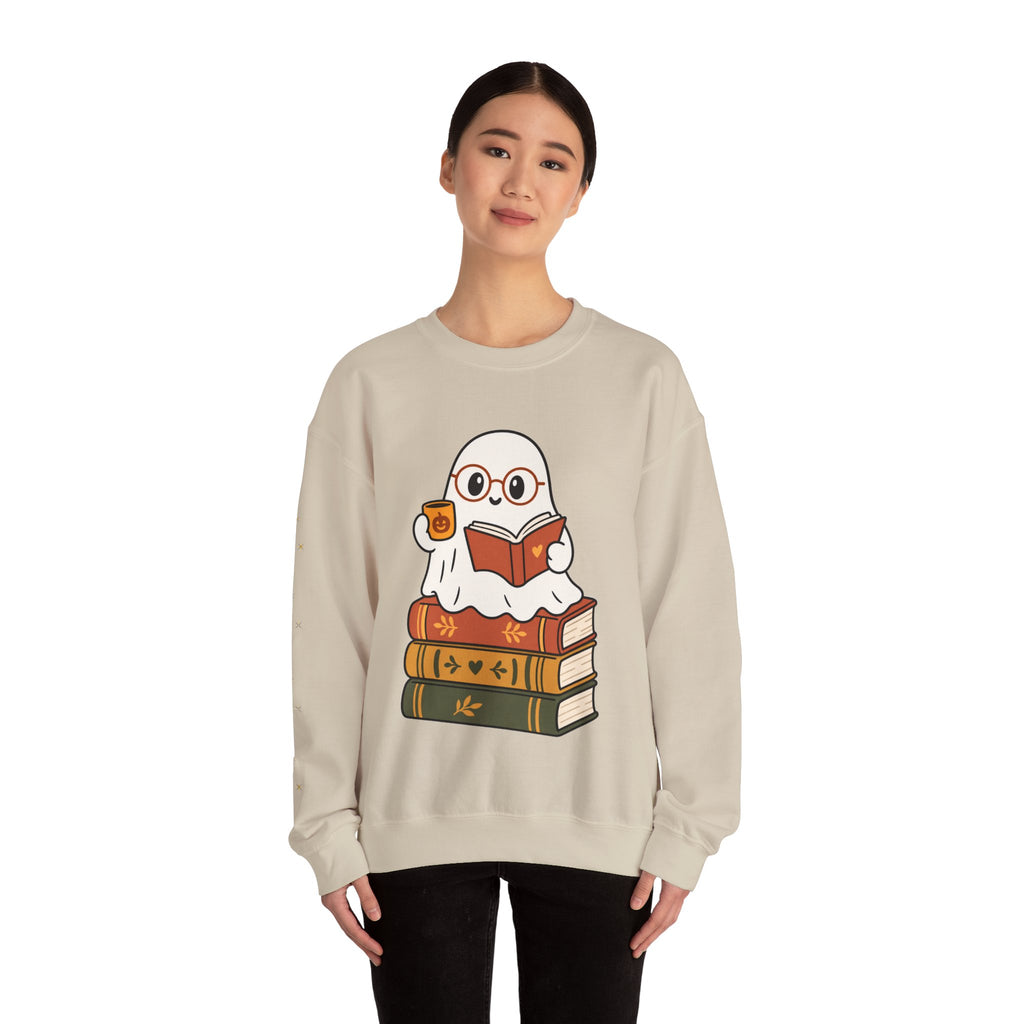Ghost Reader Sweatshirt — Cute Bookworm Ghost on Stacked Books with Coffee