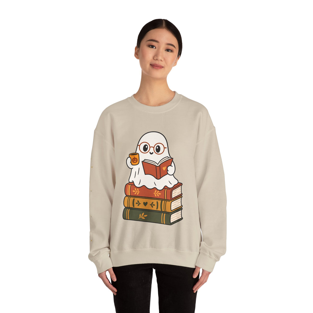 Ghost Reader Sweatshirt — Cute Bookworm Ghost on Stacked Books with Coffee