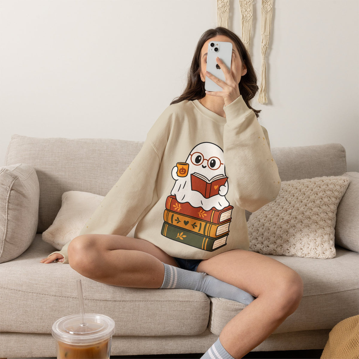 Ghost Reader Sweatshirt — Cute Bookworm Ghost on Stacked Books with Coffee