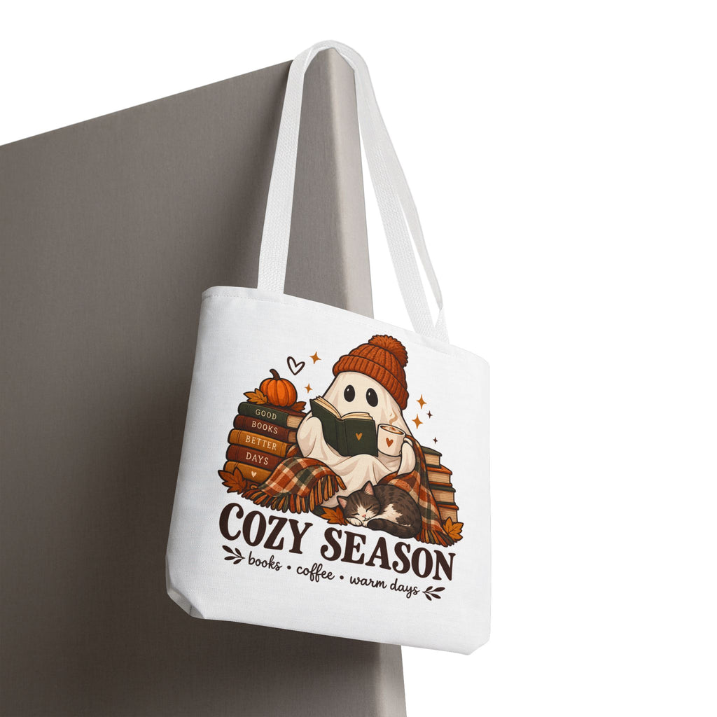 Cozy Season Tote Bag – Autumn Ghost Reading with Books, Coffee & Warm Days