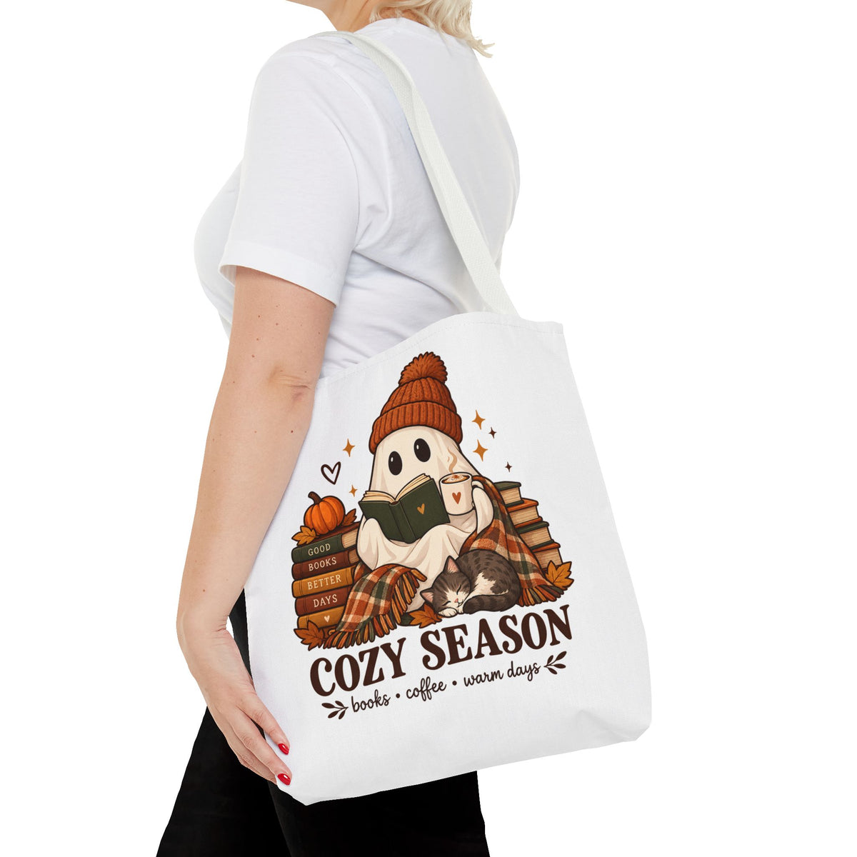 Cozy Season Tote Bag – Autumn Ghost Reading with Books, Coffee & Warm Days