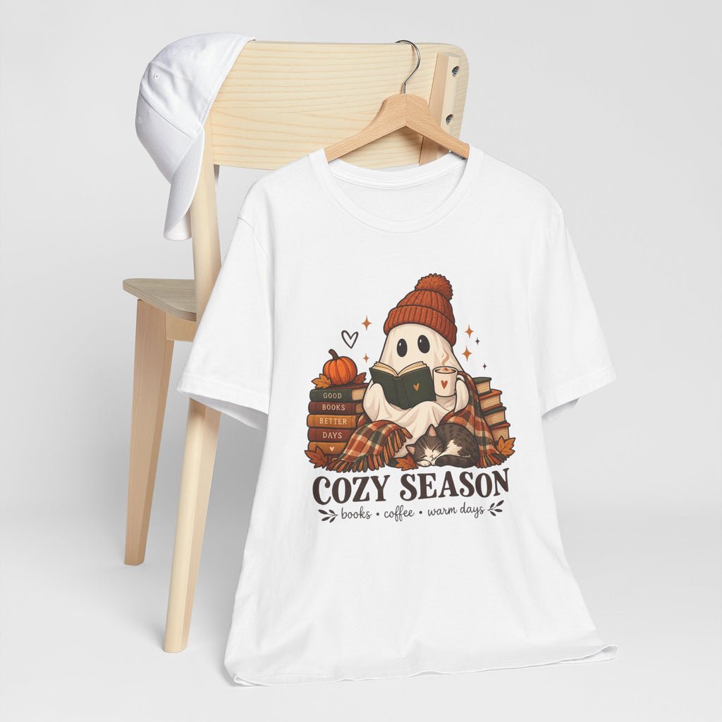 Cute Ghost with Books, Pumpkin & 'Cozy Season' Fall Shirt