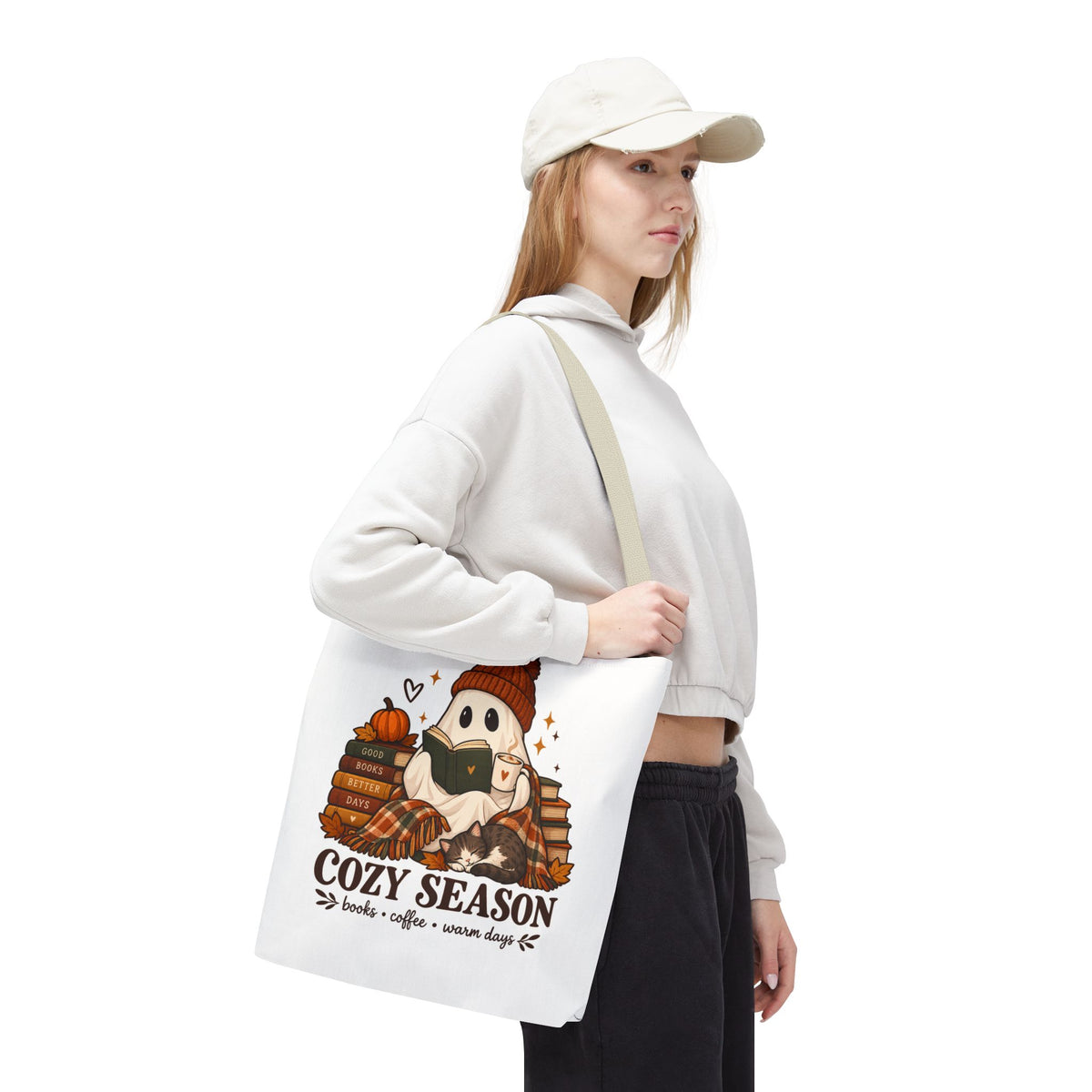 Cozy Season Tote Bag – Autumn Ghost Reading with Books, Coffee & Warm Days