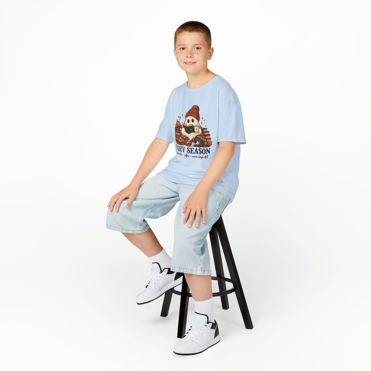 Kids Tee — "Cozy Season" Cute Ghost with Books & Pumpkin Fall Shirt