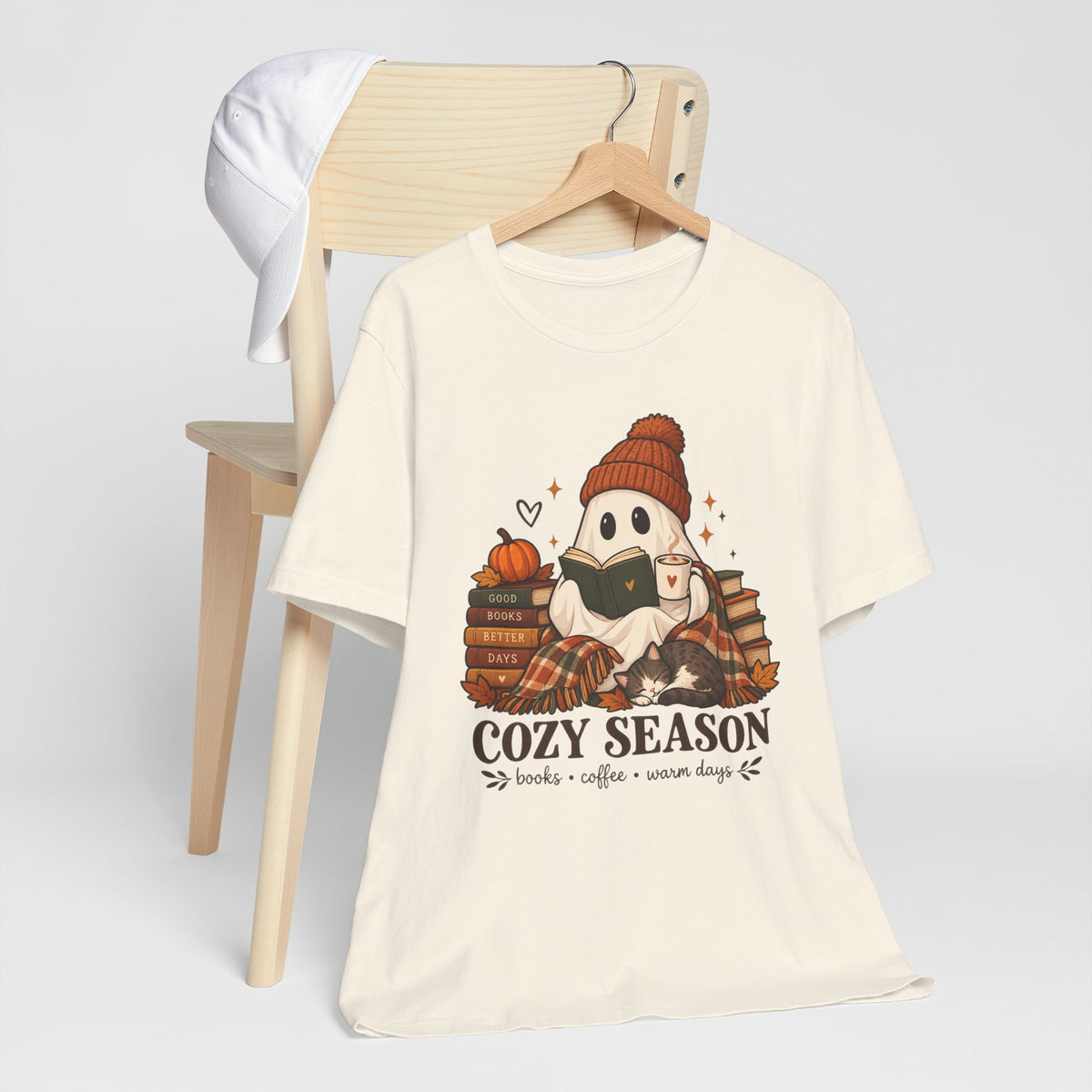 Cute Ghost with Books, Pumpkin & 'Cozy Season' Fall Shirt