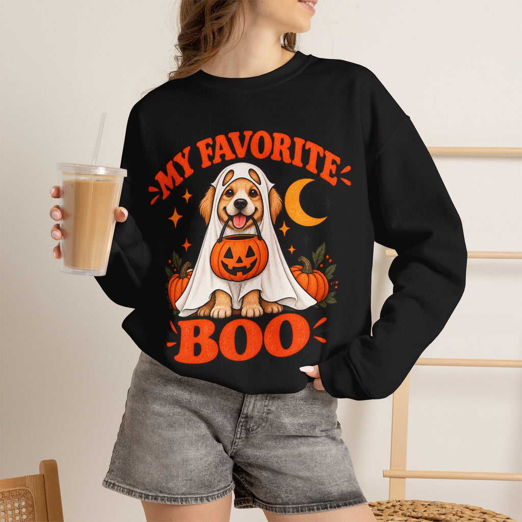 Get into the cozy, spooky spirit with our 'My Dog Is My Favorite Boo' Crewneck Sweatshirt!