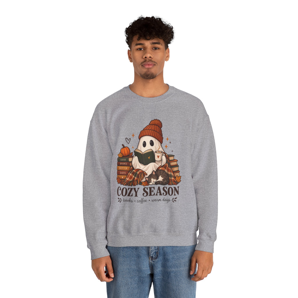 Cozy Season Sweatshirt — Cute Ghost with Books, Coffee & Warm Vibes