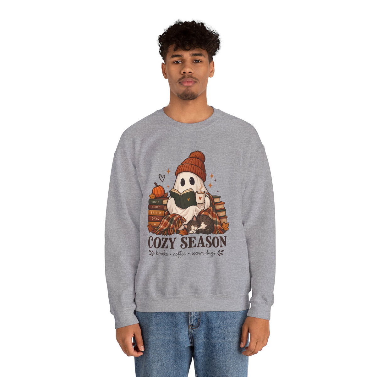 Cozy Season Sweatshirt — Cute Ghost with Books, Coffee & Warm Vibes