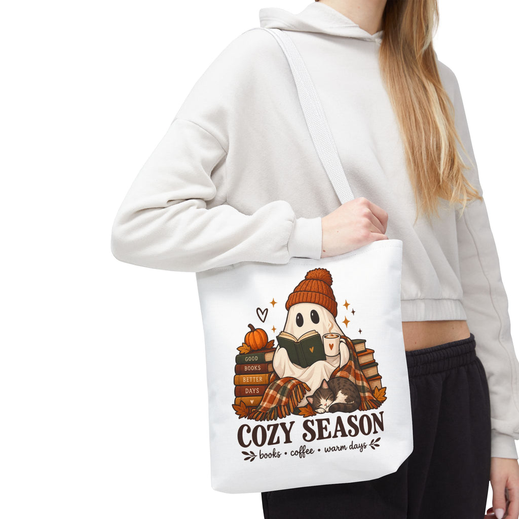 Cozy Season Tote Bag – Autumn Ghost Reading with Books, Coffee & Warm Days