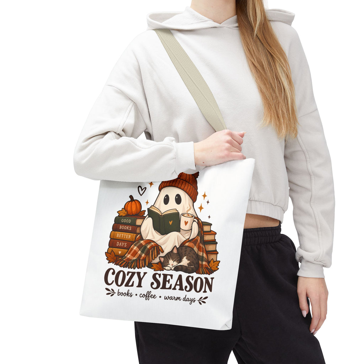 Cozy Season Tote Bag – Autumn Ghost Reading with Books, Coffee & Warm Days