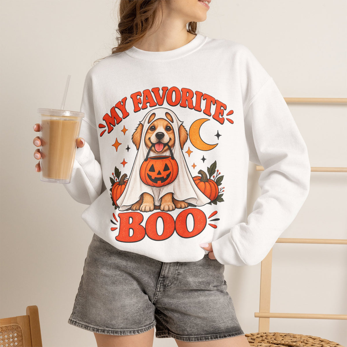 Get into the cozy, spooky spirit with our 'My Dog Is My Favorite Boo' Crewneck Sweatshirt!