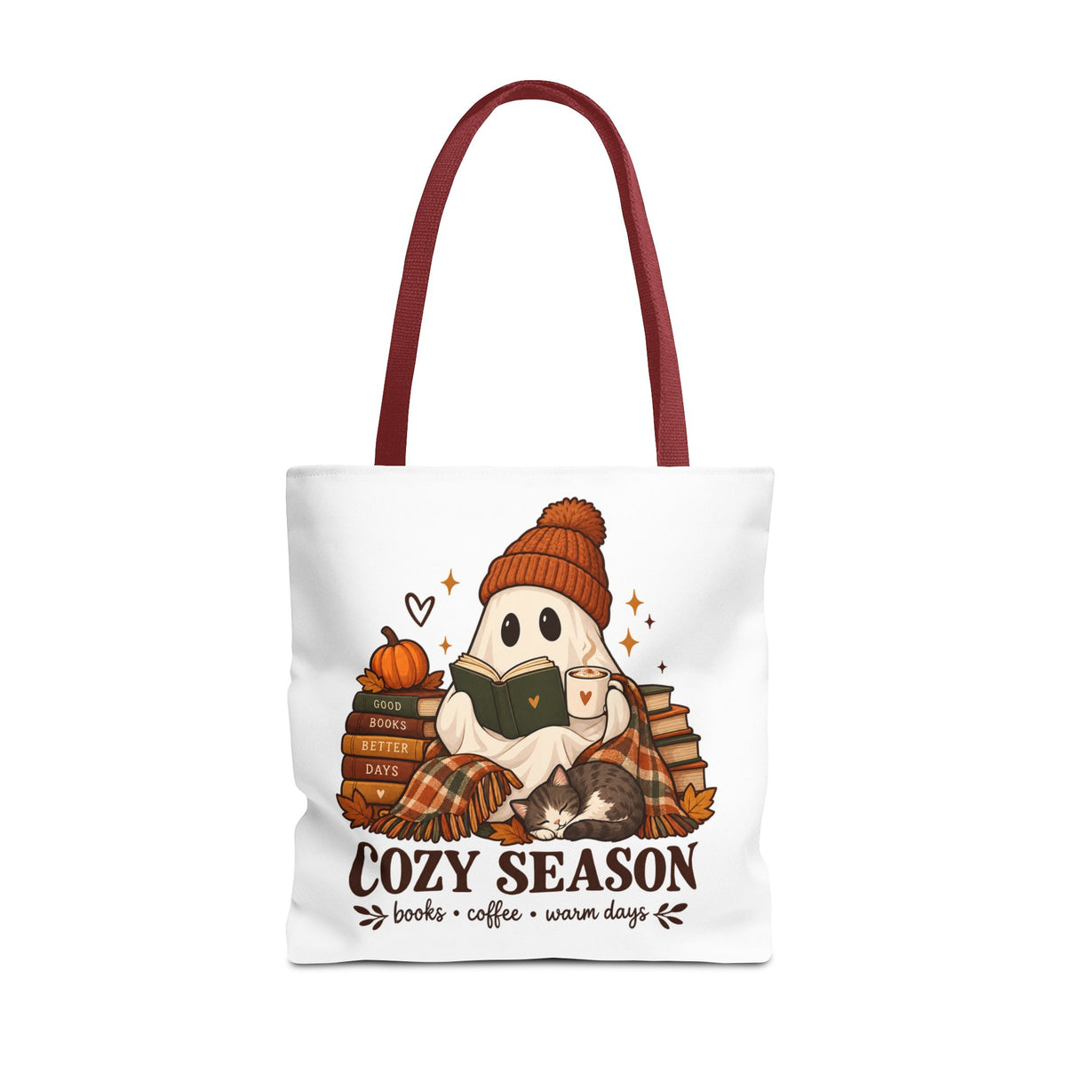 Cozy Season Tote Bag – Autumn Ghost Reading with Books, Coffee & Warm Days
