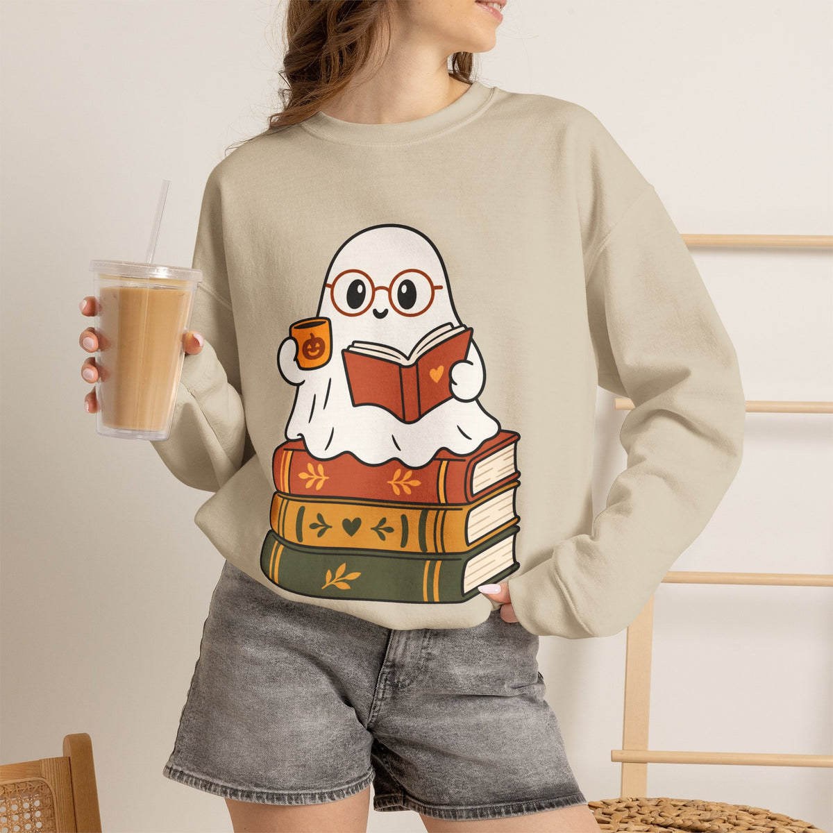Ghost Reader Sweatshirt — Cute Bookworm Ghost on Stacked Books with Coffee