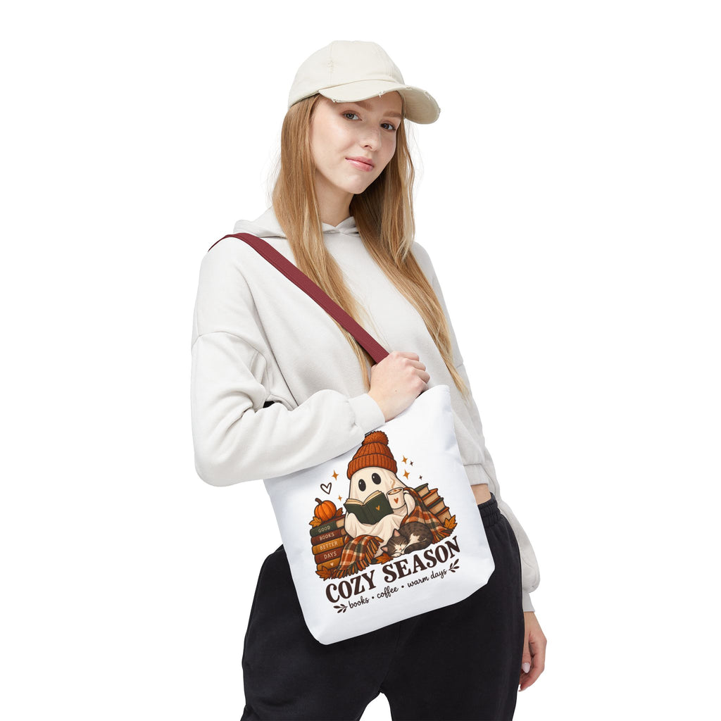 Cozy Season Tote Bag – Autumn Ghost Reading with Books, Coffee & Warm Days