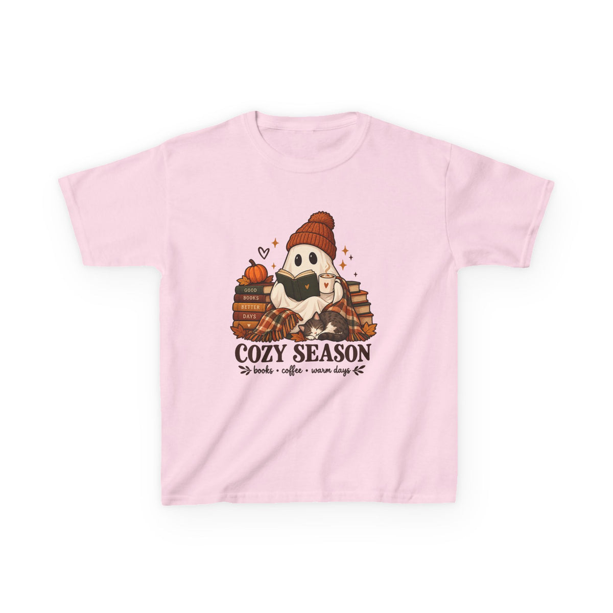 Kids Tee — "Cozy Season" Cute Ghost with Books & Pumpkin Fall Shirt