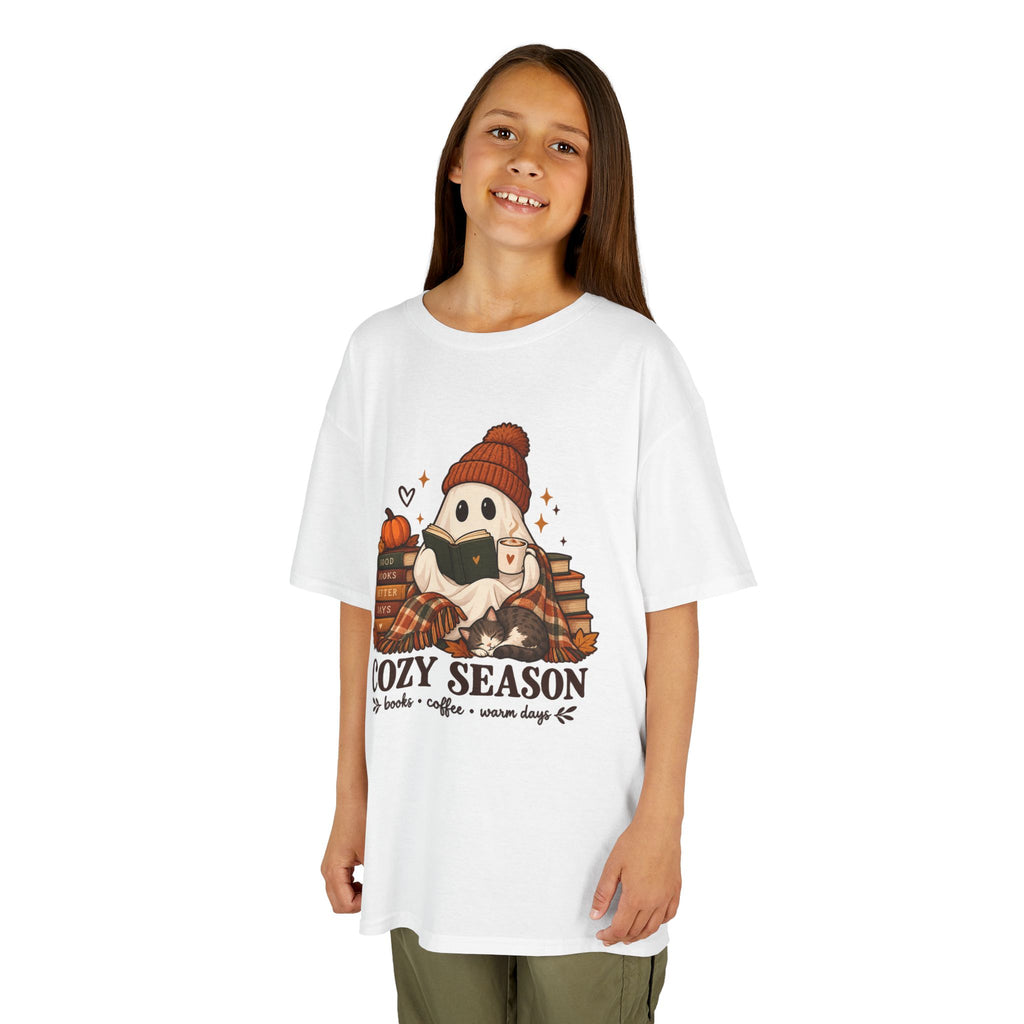 Kids Tee — "Cozy Season" Cute Ghost with Books & Pumpkin Fall Shirt