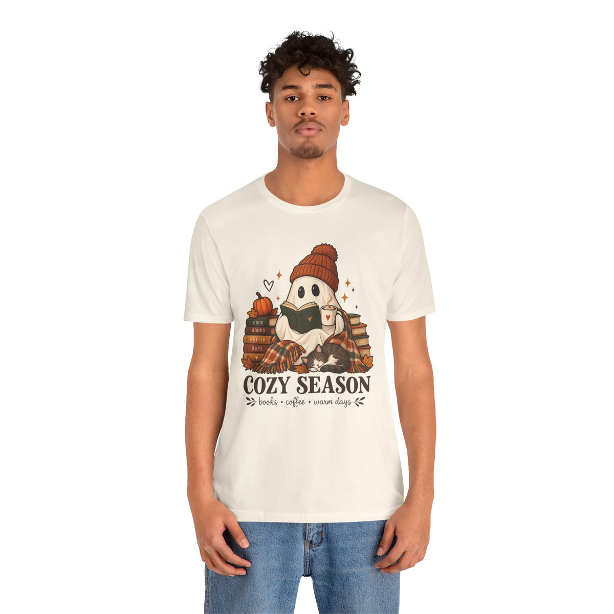 Cute Ghost with Books, Pumpkin & 'Cozy Season' Fall Shirt