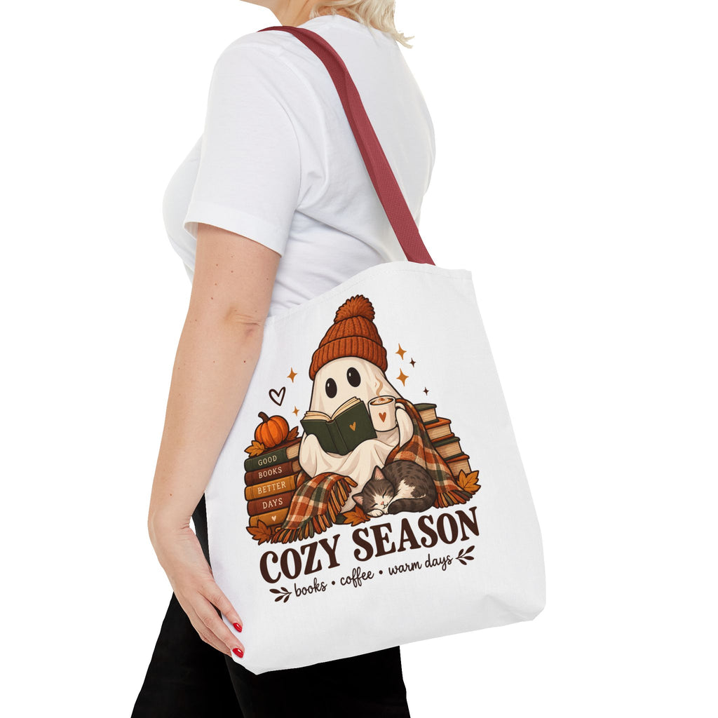 Cozy Season Tote Bag – Autumn Ghost Reading with Books, Coffee & Warm Days
