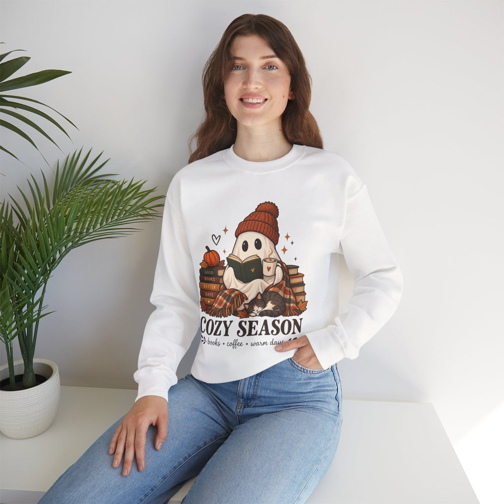 Cozy Season Sweatshirt — Cute Ghost with Books, Coffee & Warm Vibes