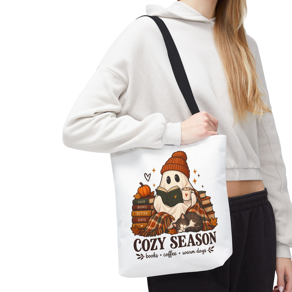 Cozy Season Tote Bag – Autumn Ghost Reading with Books, Coffee & Warm Days