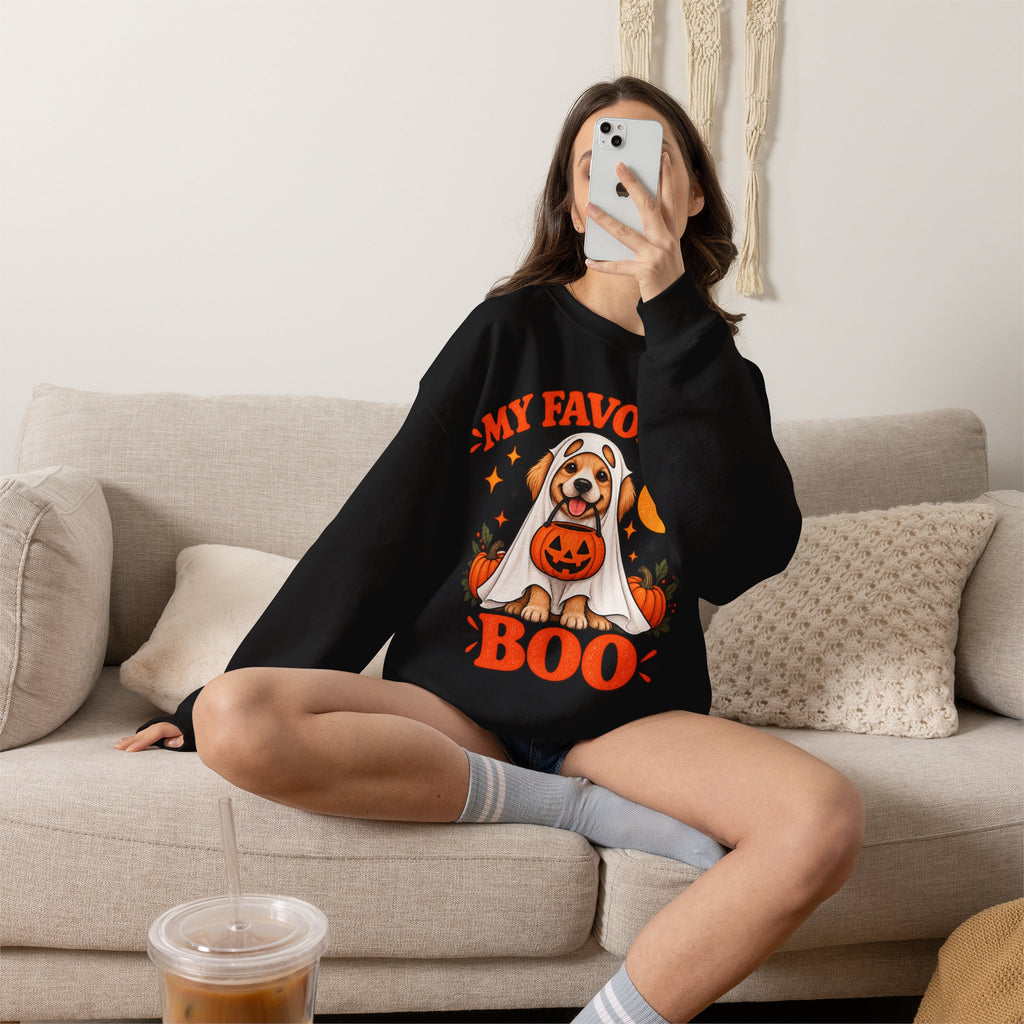 Get into the cozy, spooky spirit with our 'My Dog Is My Favorite Boo' Crewneck Sweatshirt!