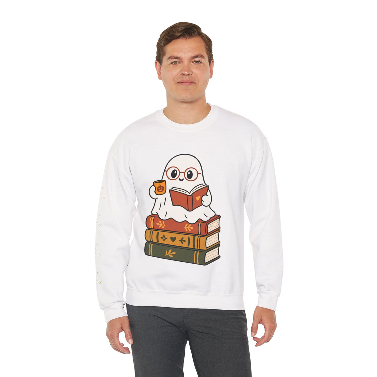 Ghost Reader Sweatshirt — Cute Bookworm Ghost on Stacked Books with Coffee