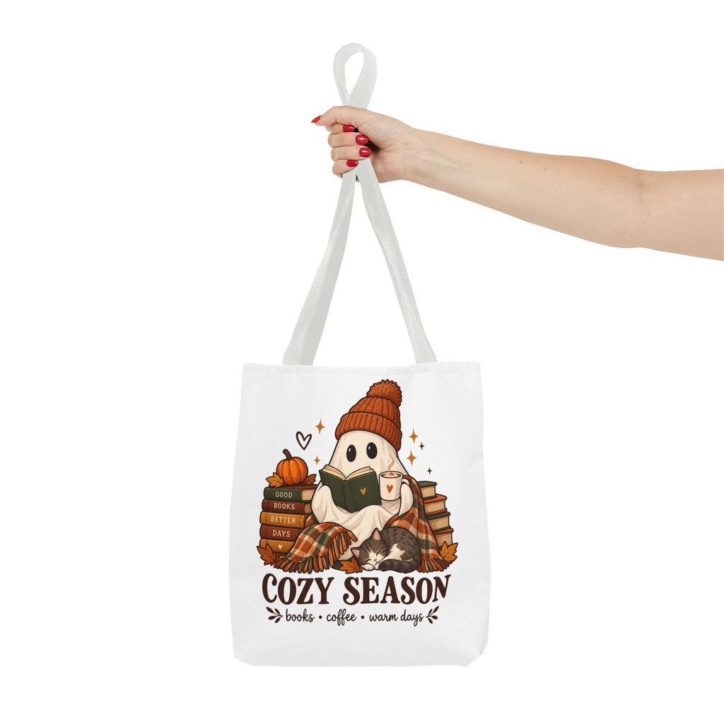 Cozy Season Tote Bag – Autumn Ghost Reading with Books, Coffee & Warm Days