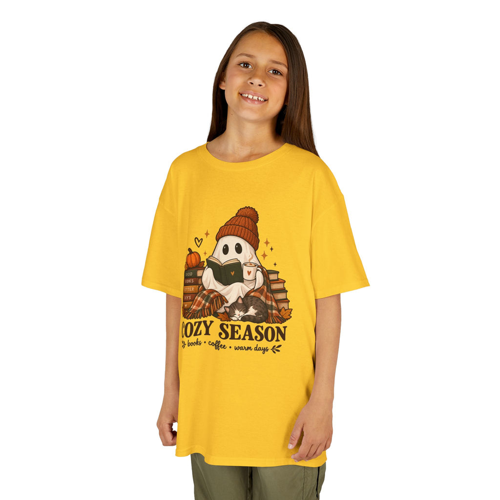 Kids Tee — "Cozy Season" Cute Ghost with Books & Pumpkin Fall Shirt